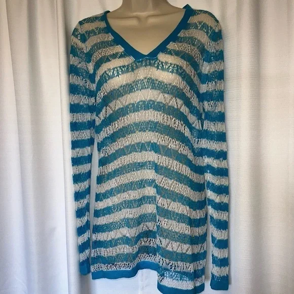 Tommy Bahama Womens Linen Turquoise Blue White Striped Swim Coverup Dress SZ M - Picture 10 of 10